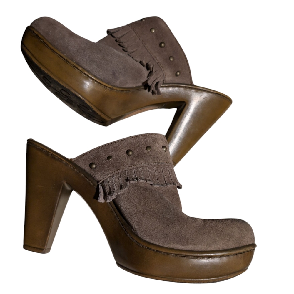 Born Tancy Mule Women's Size 8 US Taupe With Fringe, Studs Suede Leather - Picture 6 of 12